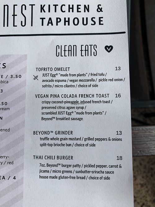 Breakfast/Lunch menu vegan options. I think they have different items for dinner.  at Nest Kitchen & Taphouse in Newport News