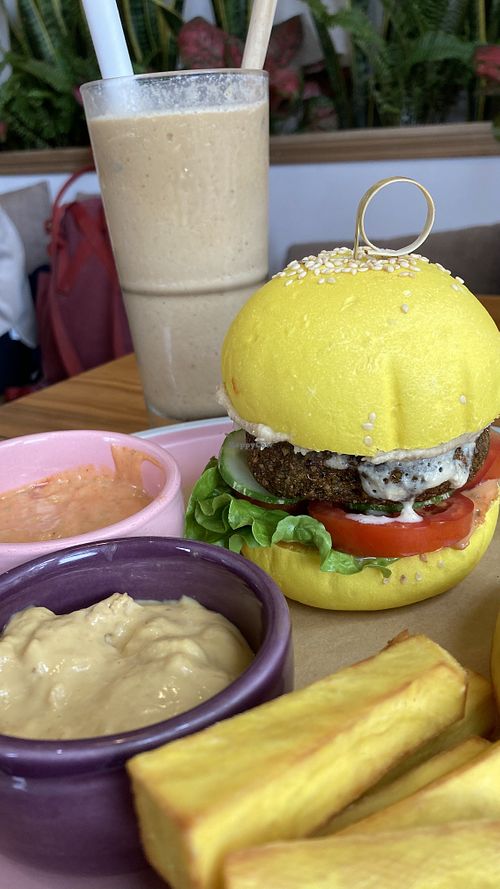 Falafel burger with extra cheese on the side, they will customise if you ask nicely!  at iVegan Supershop Westlake Hanoi - Healthy Plant Based Cafe in Hanoi