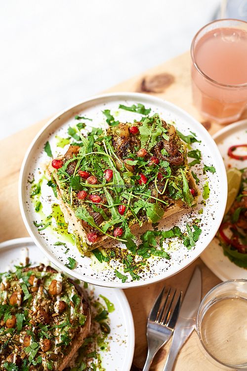Sourdough bread or gluten free waffle for our toast at NEØ Coffee House in Barcelona