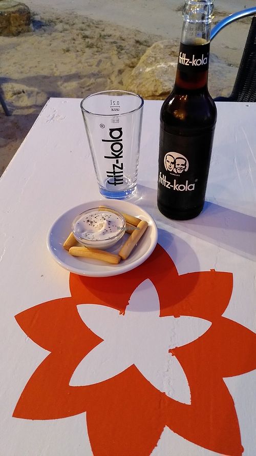 Fritz cola with vegan alioli which they bring for free in the beginning at Zahara Natural in Zahara De Los Atunes