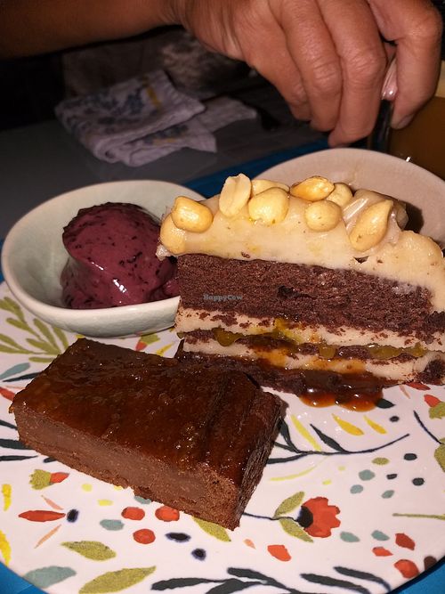 Chocolate Peanut vegan gluten free cake with sweet potatoe Brownies and Blueberry Sorbet at Vegantisch  in Alicante