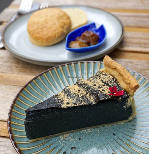 Black sesame flan + Scone w/miso (brunch dessert) at Mori Cafe in Paris