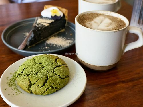 Matcha Cookie + Black Sesame Flan + Hojicha Latte at Mori Cafe in Paris