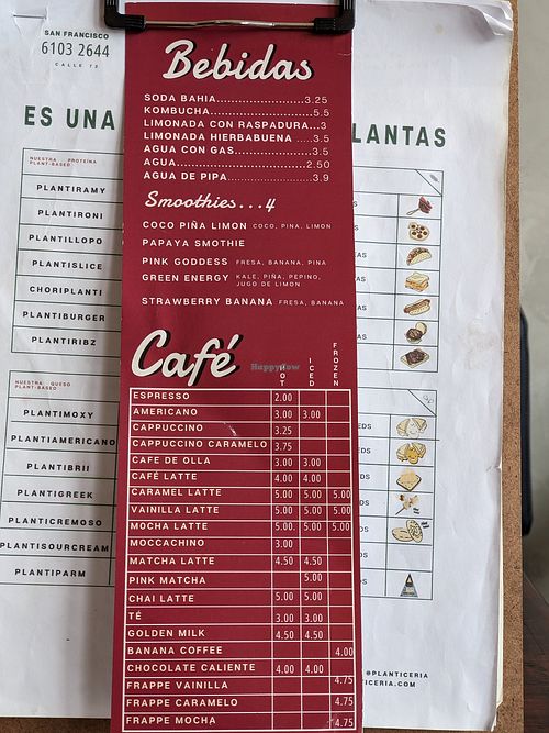Menu at Planticeria in Panama City