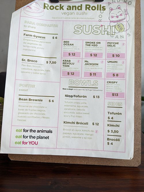 Sushi bar Rock and Rolls menu at Planticeria in Panama City