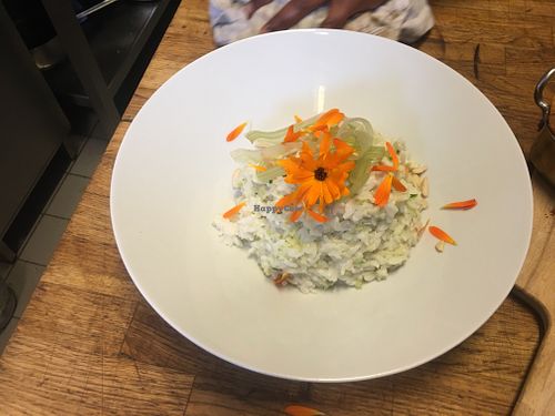 Nutty dream risotto with edible flowers! at Hverdagen in Copenhagen