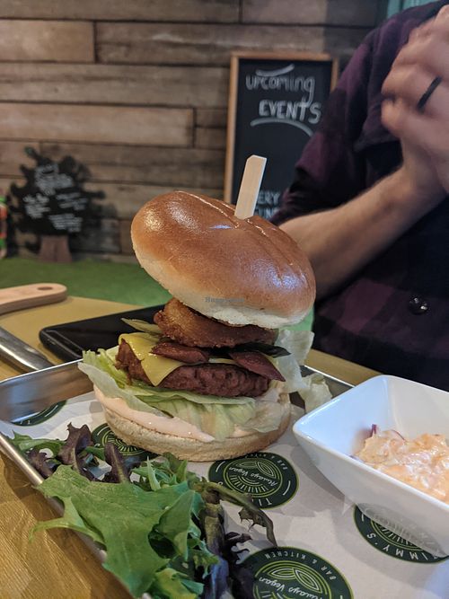 Vegan burger with salad, cheese, this isn't bacon, and onion rings. Served with fries and coleslaw. at Timmy's Bar & Kitchen in Carlisle