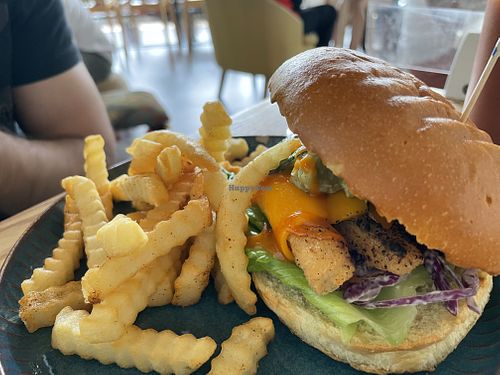 Vegan fish burger with fries   at V.W Vegan Cafe in New Territories