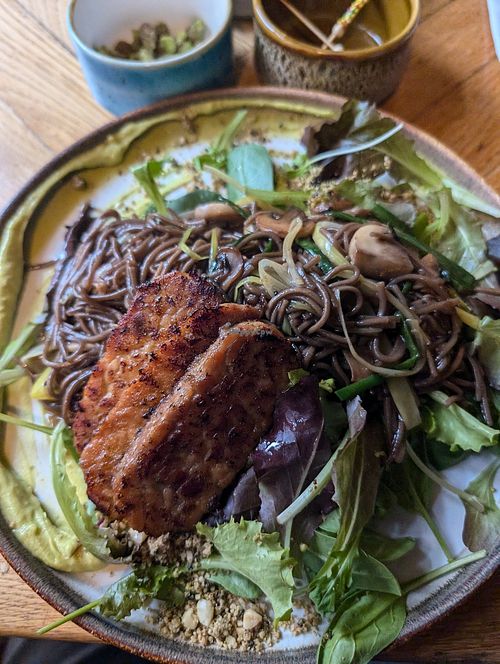 Soba noodle stir fry with tempeh at Gostilna Vida in Ljubljana