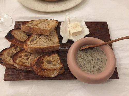 Sourdough bread with truffle mushroom dip and vegan butter (all homemade) at Sow Vegan in Kowloon