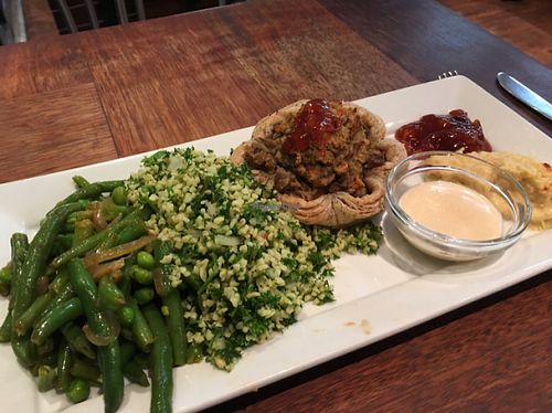 Lentil pie w/sides of tabbouleh and green beans at Habebes Cafe in Queenstown