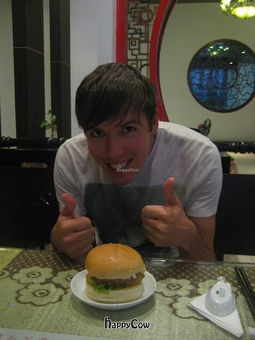 Mock meat burger at Fate Blessing Buddha in Phnom Penh