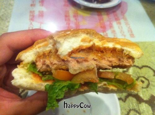 Mock meat burger at Fate Blessing Buddha in Phnom Penh