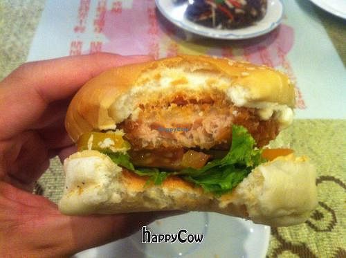 Mock meat burger at Fate Blessing Buddha in Phnom Penh