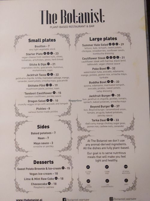 Menu at The Botanist in Warsaw