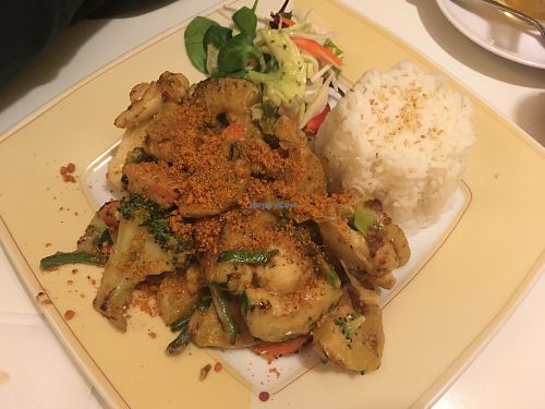 veggies in peanut sauce with rice at Loving Hut in Hannover