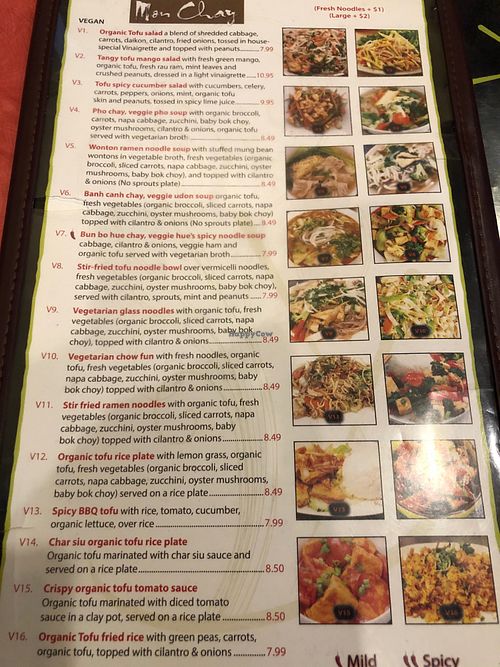 Vegan section of menu at Chopstix in Seaside