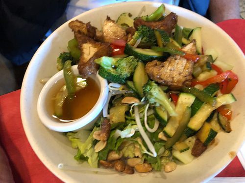 Stir fried tofu noodle bowl vegan v8 at Chopstix in Seaside