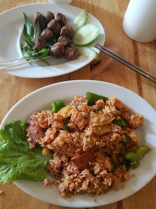 Pineapple Fried Rice and Konjac Balls. at Vegetarian Food in Phnom Penh