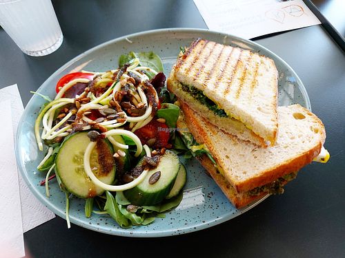 Grilled cheese sandwich with feta, avo and pesto. 109 SEK. Very nice! Vinaigrette was a little too sharp for my taste. at Bonne Femme in Johanneshov