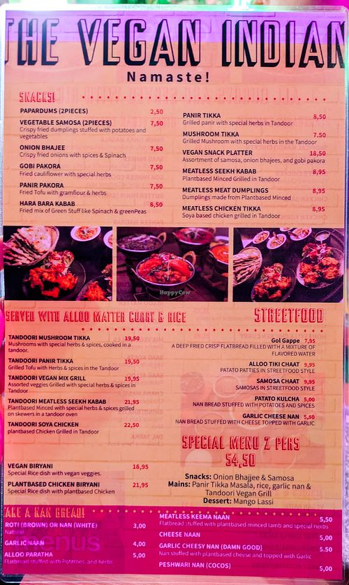 Menu page at The Vegan Indian at The Vegan Indian in Amsterdam