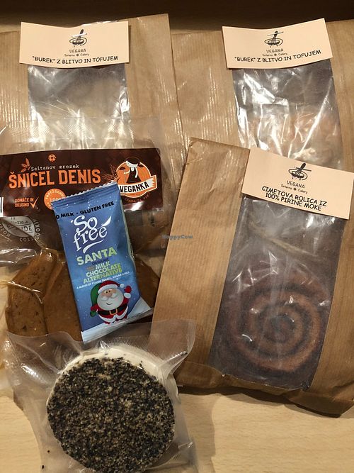 pie, cinnamon rolls, cheese and chocolate at Vegansko.si in Ljubljana