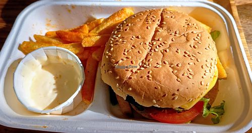 Vegan Burger With French Fries at Thrive in Cambridge