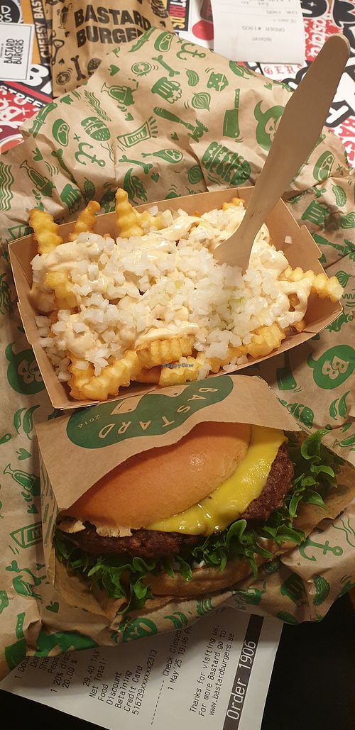 Bastard topped fries and Green London at Bastard Burgers in Linkoping