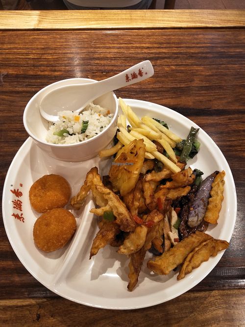 Pumpkin balls, fried rice, salt & pepper chips, vegetable pancakes, just a selection of mine from the extensive buffet. at Sù Mǎn Xiāng 素满香- People's Square in Shanghai