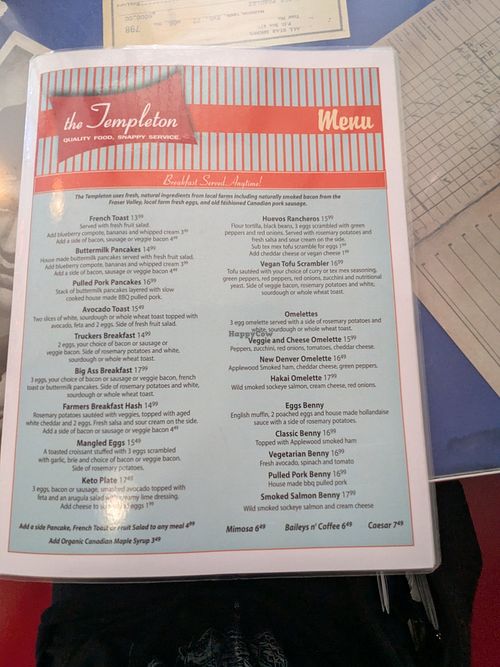 Menu at The Templeton in Vancouver