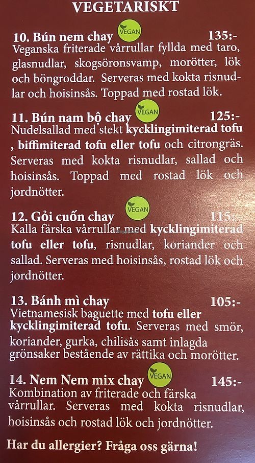 Menu at Nem Nem Quan in Stockholm