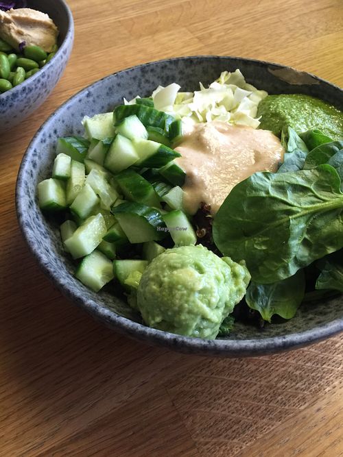 Salad with hummus, vegan pesto and avocado at 42°Raw in Copenhagen