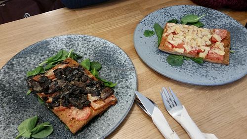 Mushroom pizza and Pineapple Pizza...both delicious and filling. at 42°Raw in Copenhagen