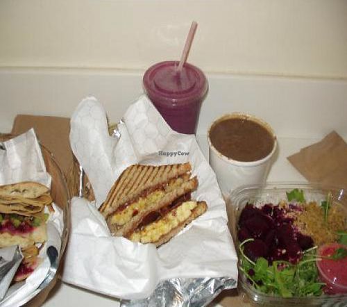 Thanksgiving Sandwich, Fat Elvis Sandwich, Terri Berry Smoothie, Lentil Soup and Beet Salad. at Terri in New York City