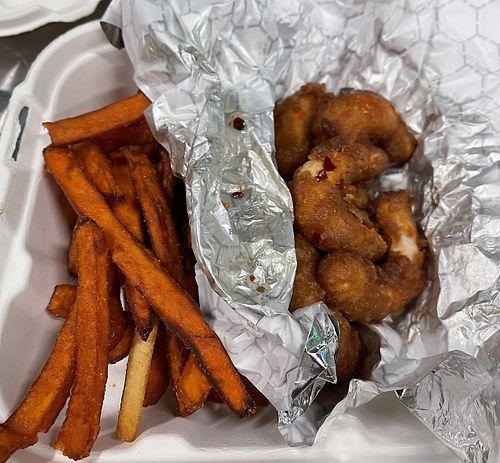 Sweet potato fries and shrimp with a bang  at Organic Food Kings in Miami