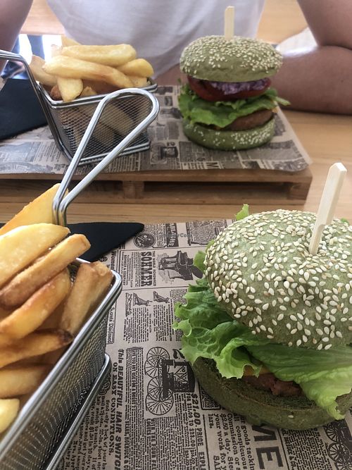 vegan burger with fries at Burger Time in Ljubljana