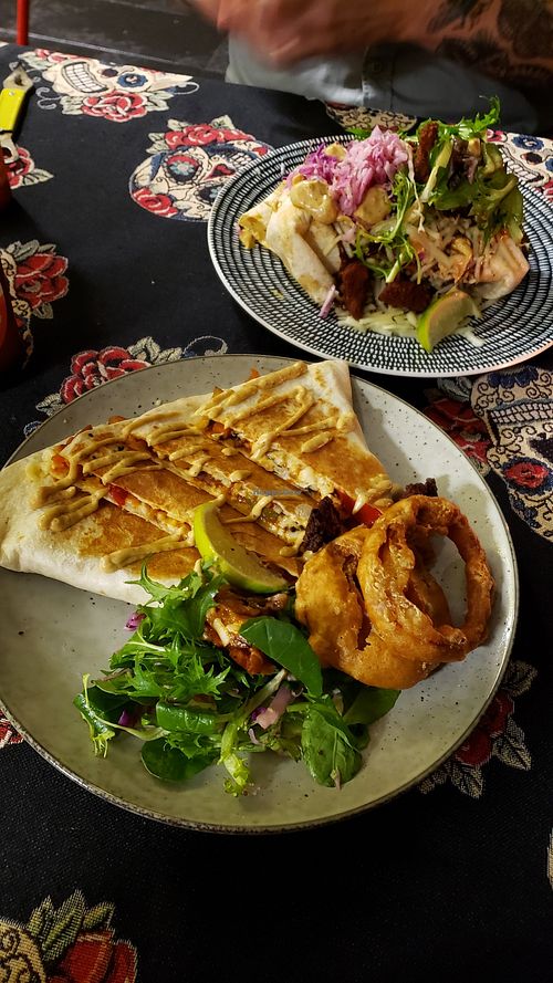 Vegan quesadilla and enchilada at Los Dos Hombres in The Entrance
