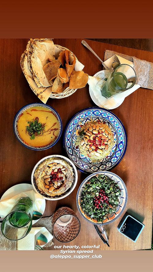 hummus, lentil soup, tabouleh, biryani, fresh mint tea at Aleppo Supper Club in Berlin