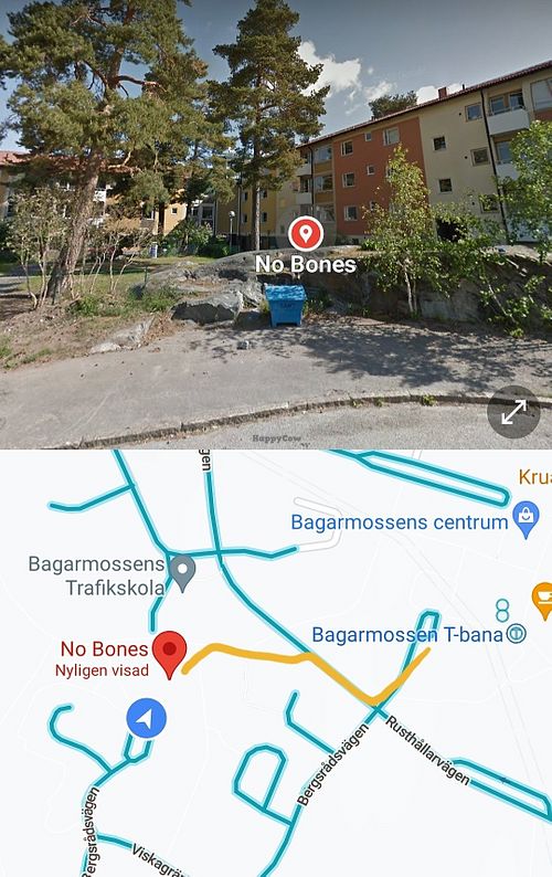 Quickest way. The entrance is located through a small viaduct between to buildings to the left of the small row of shops. Call them for guidance :D at No Bones in Bagarmossen