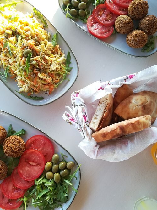 Vegan Falafel plate with veggies and homemade pita bread, Greek Salad without chicken and mustard dressing  at El Greco in Tribunj