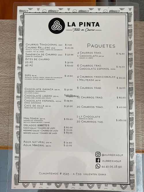 Menu at La Pinta in San Luis Potosi