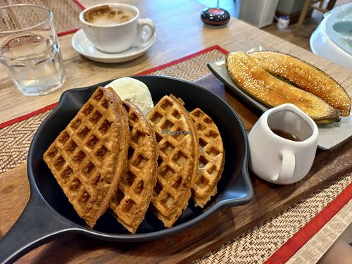 Waffles and ice-cream with caramelised banana at The Vegano Bistro in Chiang Mai