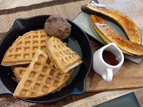 Waffles with choc brownie ice-cream at The Vegano Bistro in Chiang Mai