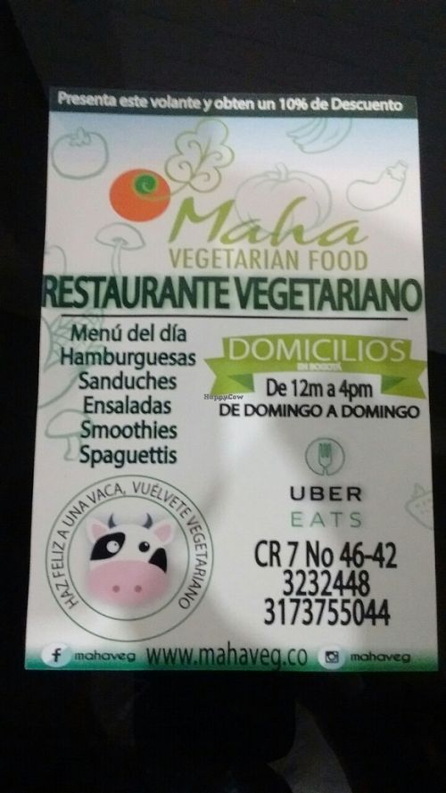 Info card, March 2017 at Maha Vegan Food in Bogota