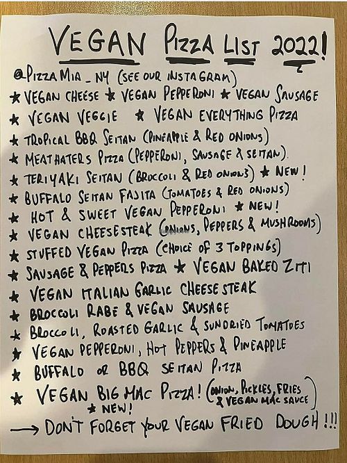Vegan menu 2022 at Pizza Mia in Newburgh