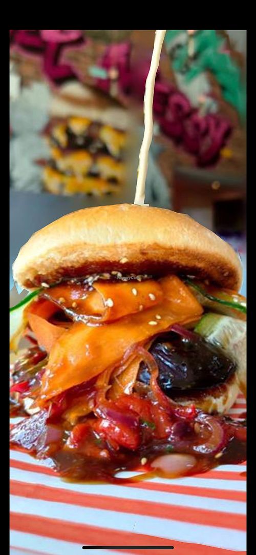 Miso good burger. Glazed aubergine with sticky chilli and teriyaki sauce. at Urban Bar BQ in Caerphilly