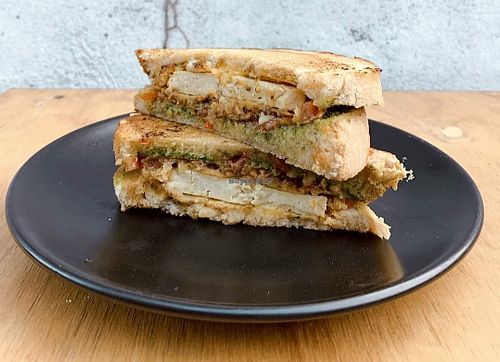 Tofu schnitzel  pesto toastie at Folium Cafe in Dudley