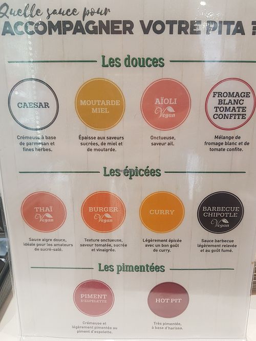 4 vegan sauces : thaï, aïoli, barbecue chipotle and burger at Pita Pit in La Rochelle