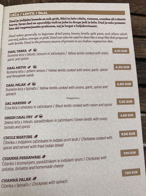 daal menu at Namaste in Ljubljana