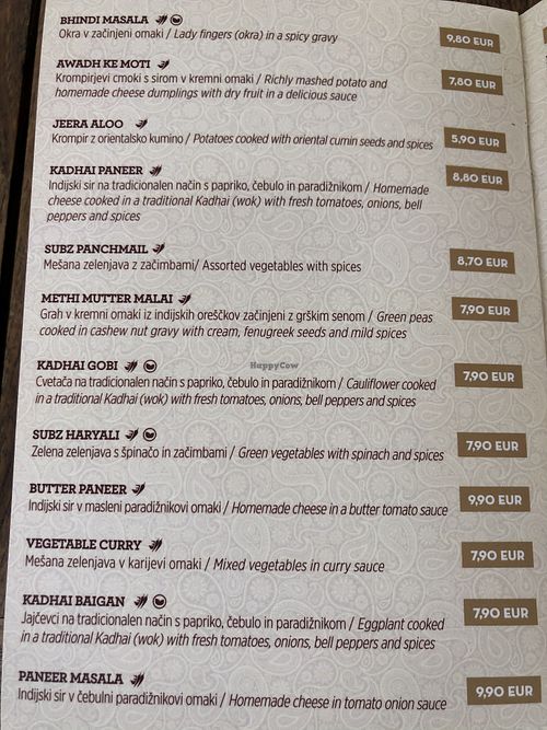 shaakahari menu at Namaste in Ljubljana
